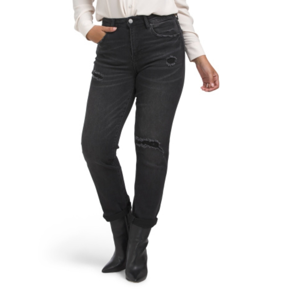 Risen | Distressed Mid-Rise Boyfriend Jeans with Roll-Up Hem 15/32 Black Stretch